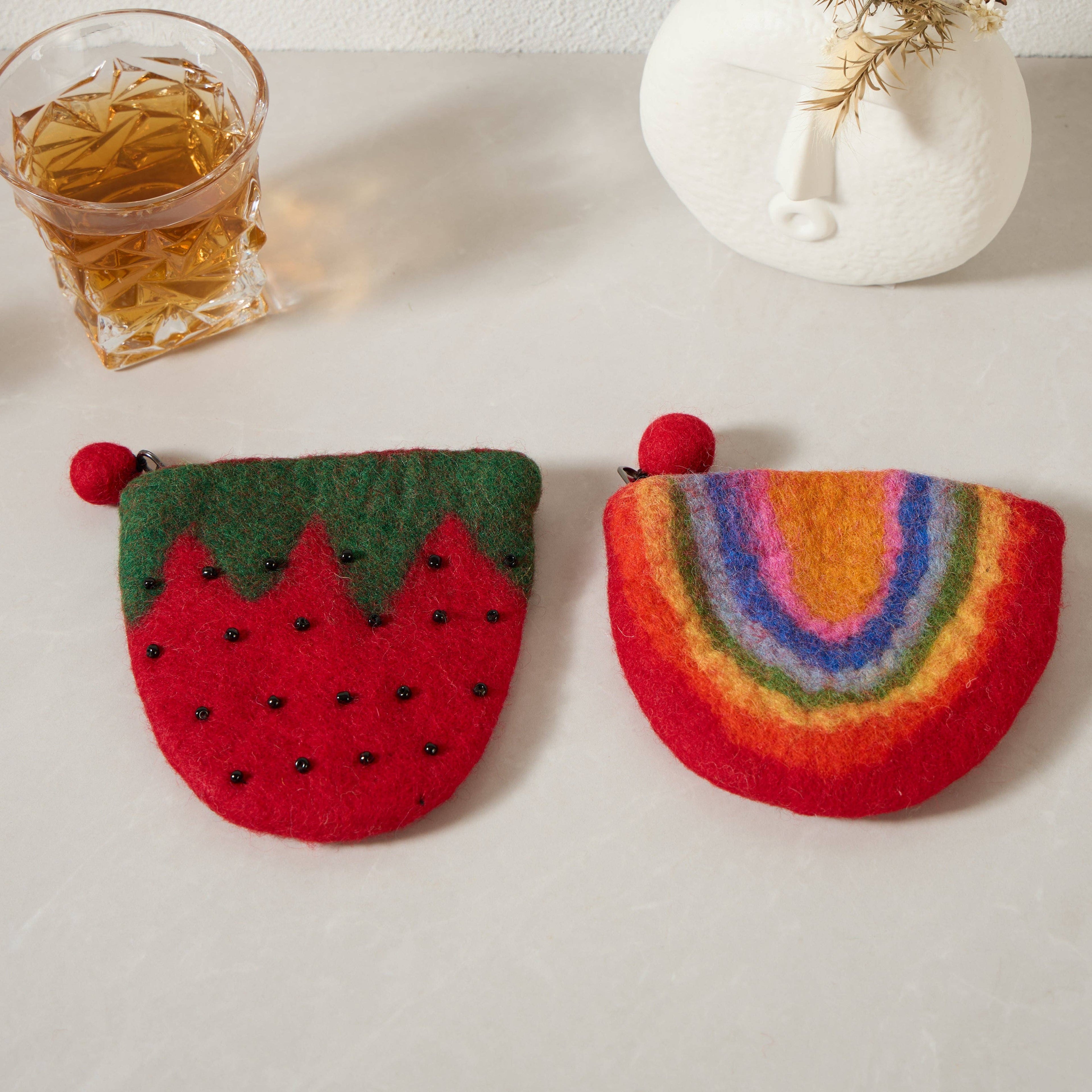 Handmade Wool Felt pouch Hand Carry Coin Purse - Rainbow