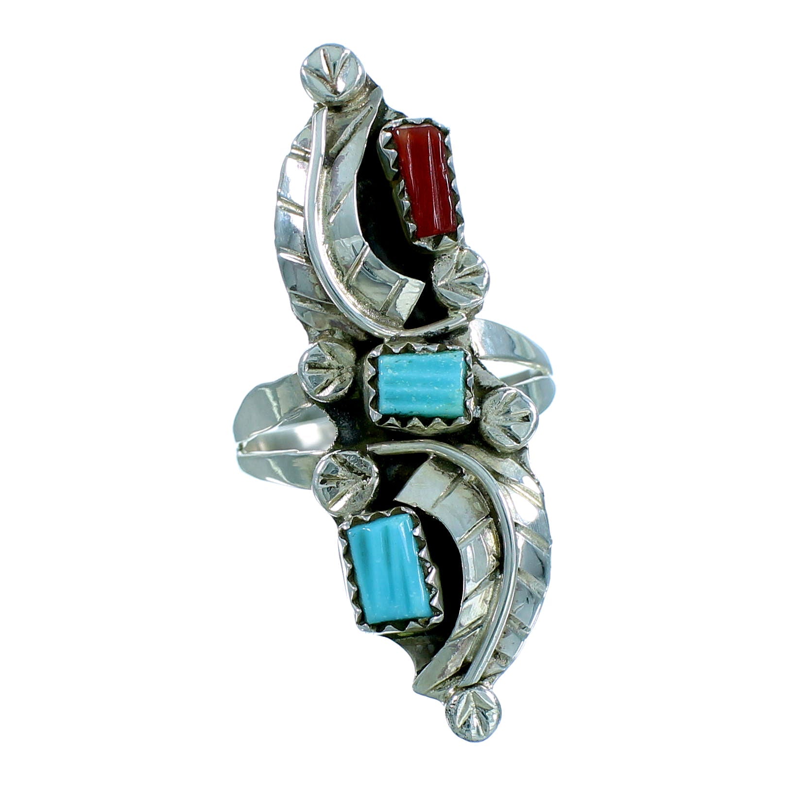 Sterling Silver Turquoise Coral American Indian Zuni Leaf Ring Size 8-1/4 RX106237