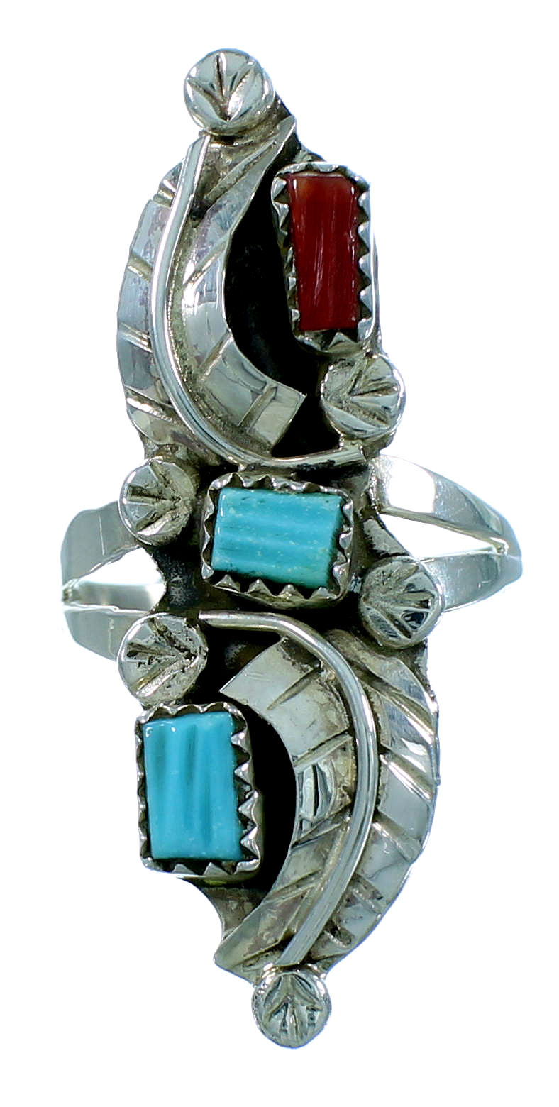 Sterling Silver Turquoise Coral American Indian Zuni Leaf Ring Size 8-1/4 RX106237