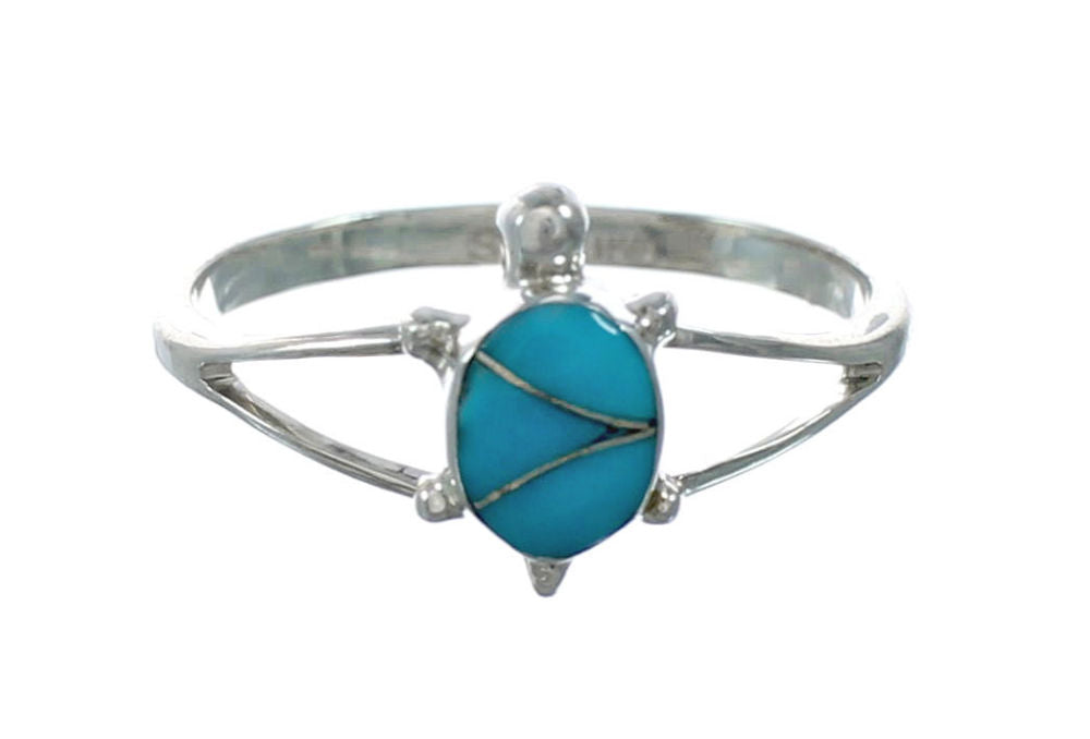 Genuine Turquoise Inlay Sterling Silver Navajo Turtle Ring Size 9-1/2 TX10065