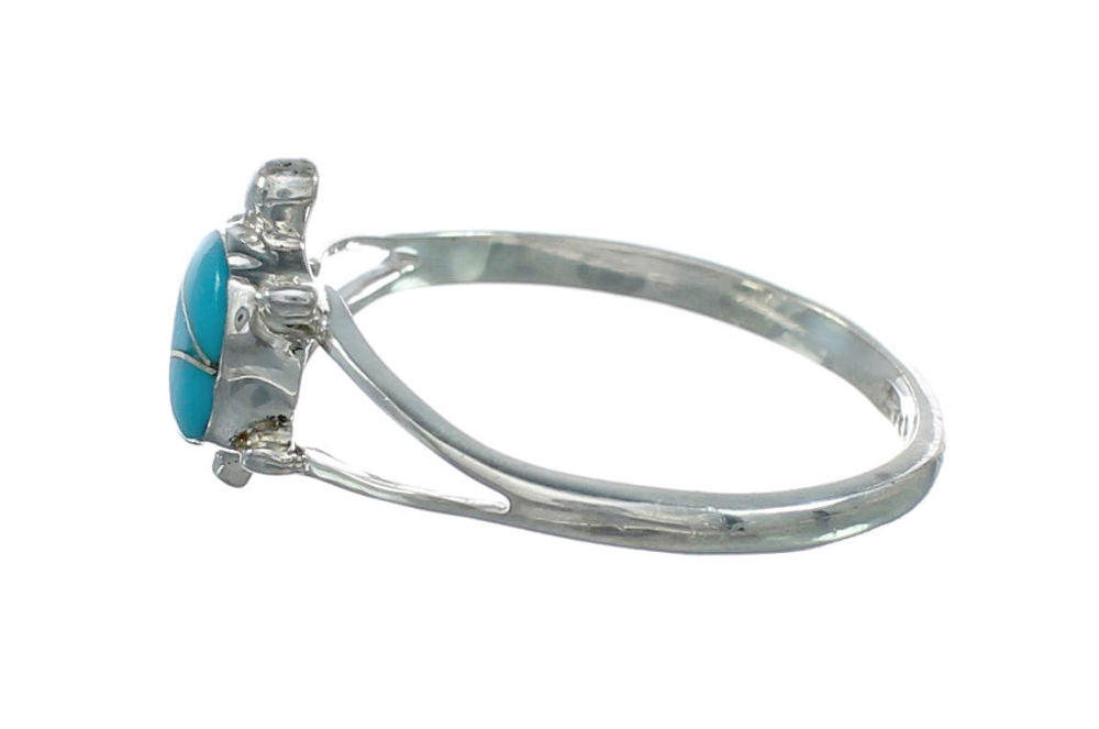 Turquoise Inlay Sterling Silver Navajo Turtle Ring Size 8-3/4 TX10060