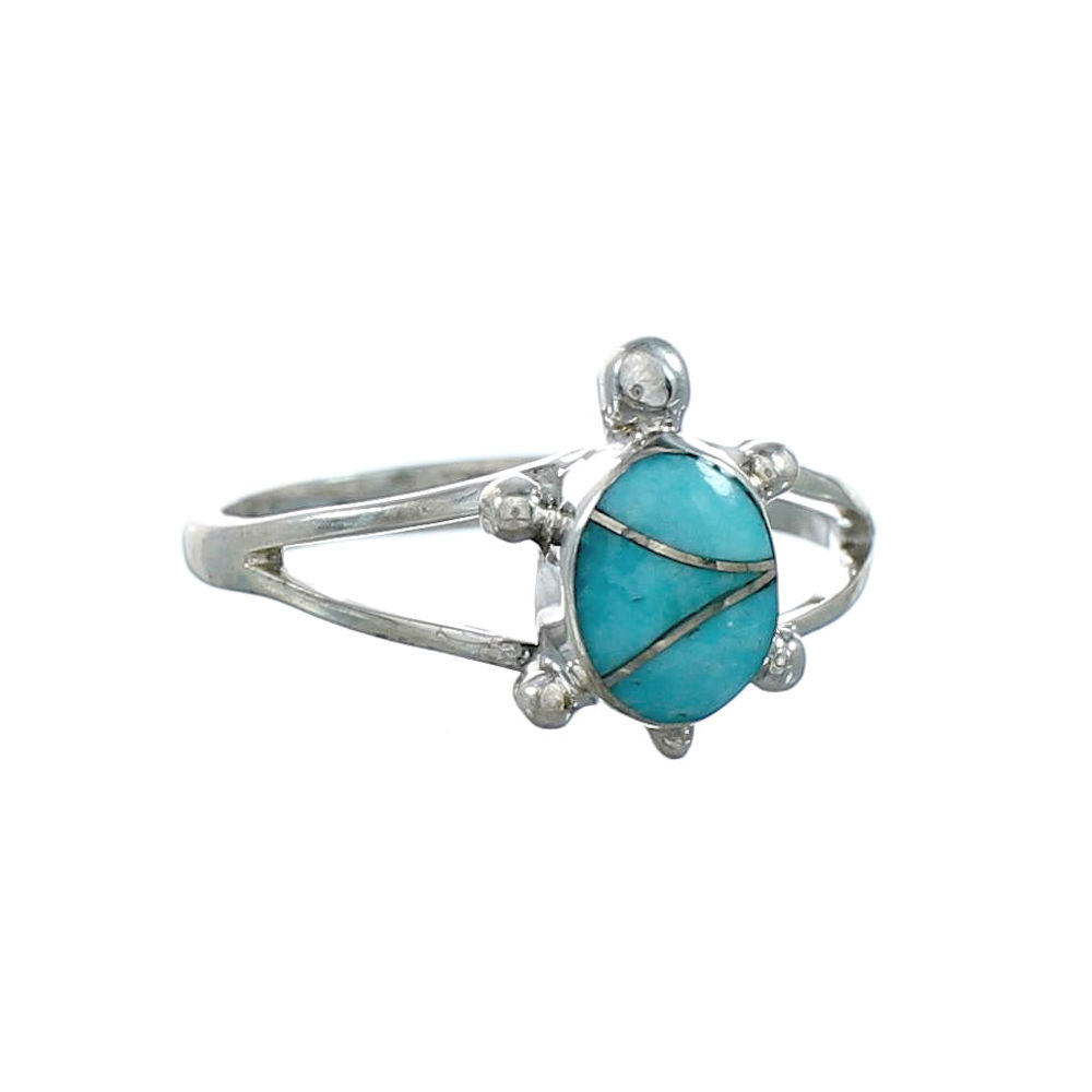 Genuine Turquoise Inlay Sterling Silver Navajo Turtle Ring 5-3/4 TX10093