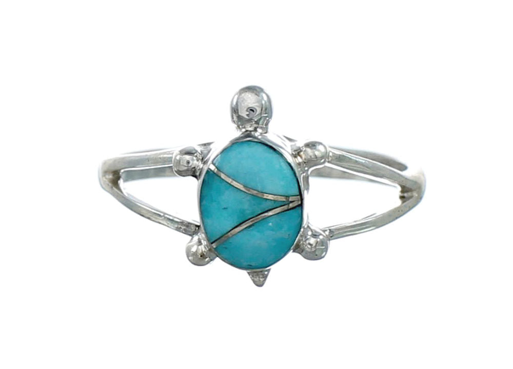 Genuine Turquoise Inlay Sterling Silver Navajo Turtle Ring 5-3/4 TX10093