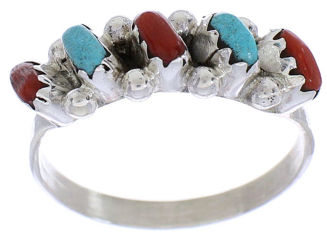 Zuni Jewelry Turquoise Coral Needlepoint Ring Size 6-1/4 MW74616